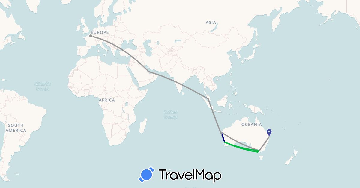 TravelMap itinerary: driving, bus, plane, cycling in Australia, France, Malaysia, Qatar (Asia, Europe, Oceania)